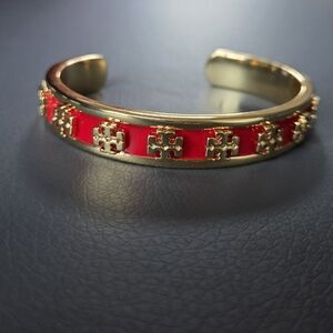 NEW Tory Burch Gold and Red Emblem Cuff Bracelet